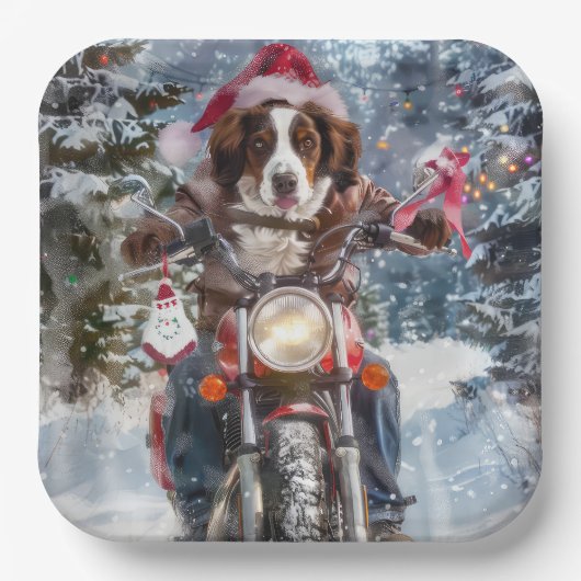 ブリタニースパニエル犬ドッグオートバイクリスマスに乗る ペーパープレート (正面)