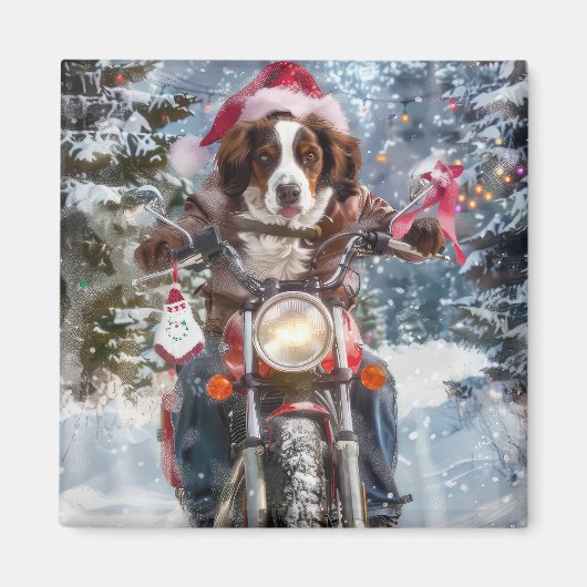 ブリタニースパニエル犬ドッグオートバイクリスマスに乗る マグネット (正面)