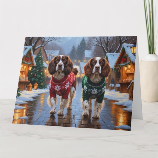 ブリタニースパニエル犬ドッグスクリスマススノーホリデイ カード (正面)