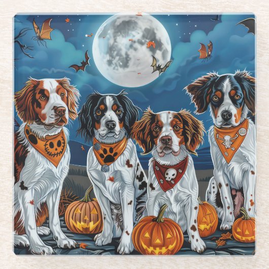 ブリタニースパニエル犬ハロウィン不気味 ガラスコースター (正面)