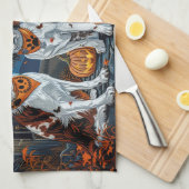 ブリタニースパニエル犬ハロウィン不気味 キッチンタオル (四つ折り)