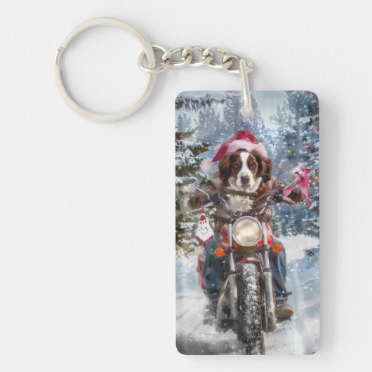 ブリタニースパニエル犬バイククリスマス キーホルダー (正面)