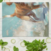 ブリタニースパニエル犬ビーチ絵画サーフィン キッチンタオル (折り畳み)