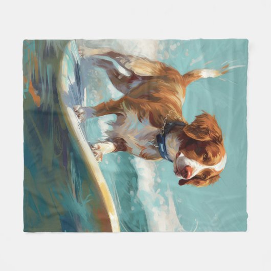 ブリタニースパニエル犬ビーチ絵画サーフィン フリースブランケット (正面(横))