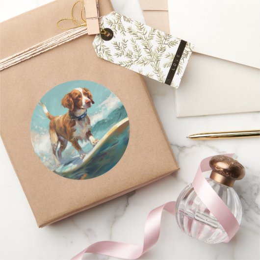 ブリタニースパニエル犬ビーチ絵画サーフィン ラウンドシール (ギフト)