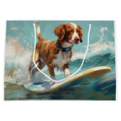 ブリタニースパニエル犬ビーチ絵画サーフィン ラージペーパーバッグ (正面)