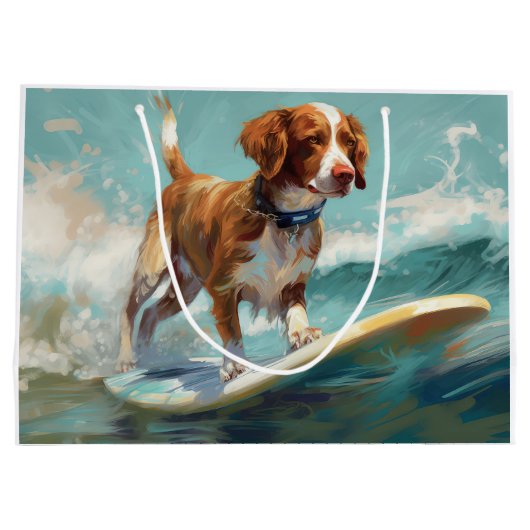 ブリタニースパニエル犬ビーチ絵画サーフィン ラージペーパーバッグ (裏面)