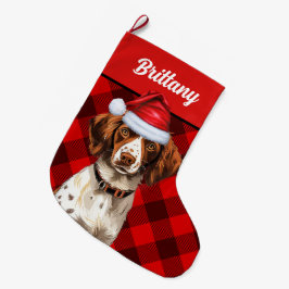 ブリタニースパニエル犬レッドバッファロープレイドパーソナライズされた ラージクリスマスストッキング