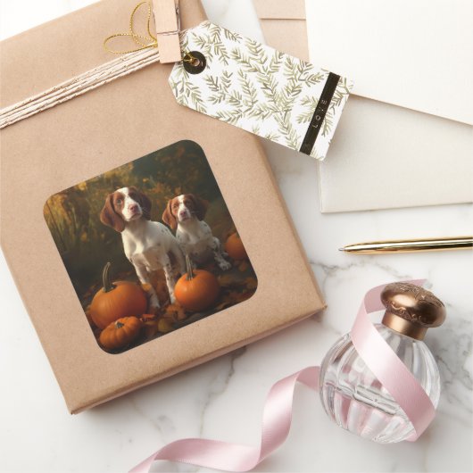 ブリタニースパニエル犬子犬オータムデライトカボチャ スクエアシール (ギフト)