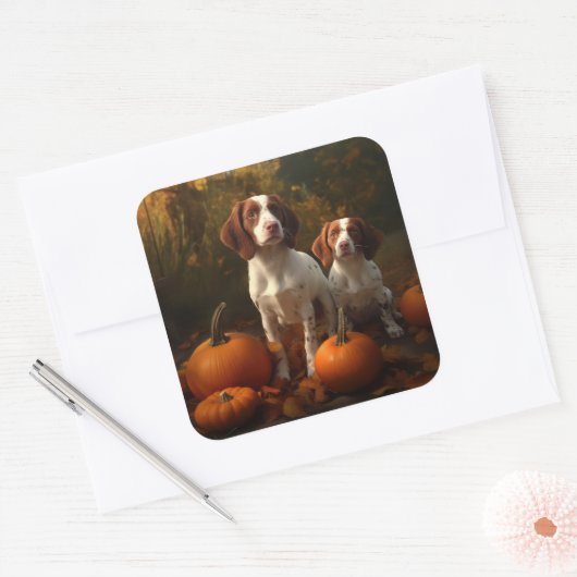 ブリタニースパニエル犬子犬オータムデライトカボチャ スクエアシール (封筒)