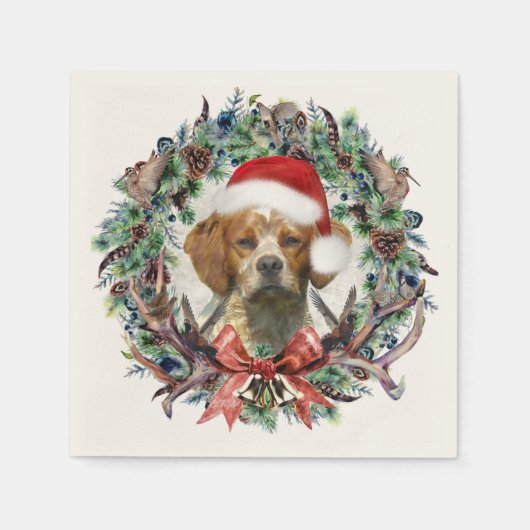 ブリタニースパニエル犬、クリスマス スタンダードカクテルナプキン (正面)