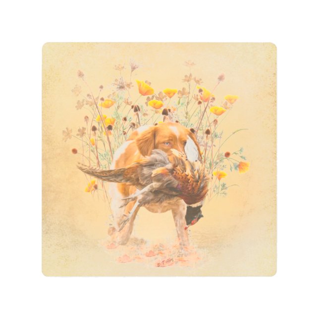 ブリタニースパニエル犬、狩りフェザントコーヒーマグT-Sh メタルプリント (正面)