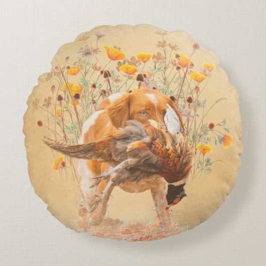 ブリタニースパニエル犬、狩りフェザントコーヒーマグT-Sh ラウンドクッション (正面)