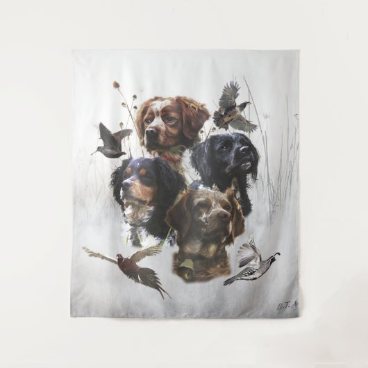 ブリタニースパニエル犬、鳥の狩りシーズン タペストリー (正面)