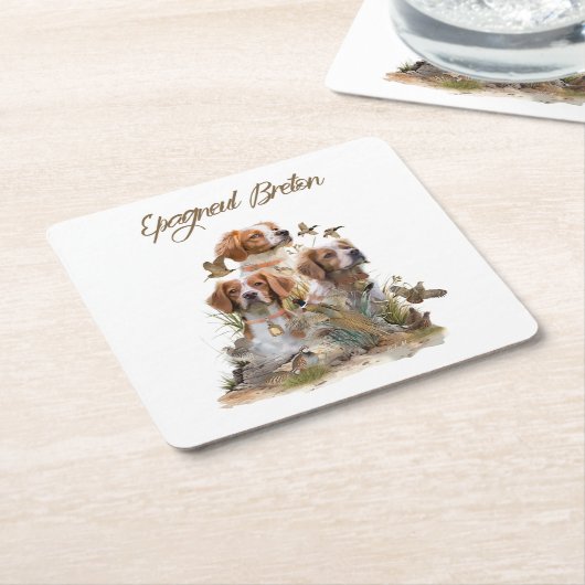 ブリタニースパニエル犬、鳥への情熱 スクエアペーパーコースター (アングル)