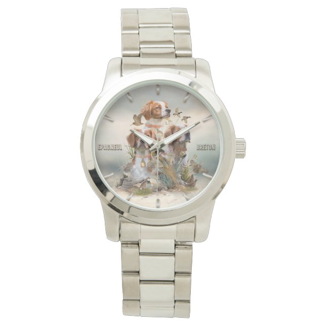 ブリタニースパニエル犬、鳥への情熱 腕時計 (正面)