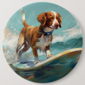 ブリタニースパニエル ビーチ サーフィン 絵画 缶バッジ (正面)