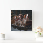 ブリタニースパニエル 雪のそり クリスマスデコレーション スクエア壁時計 (ホーム)
