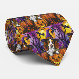 ブリタニー不気味スパニエル犬ハロウィンウィッチパンプキン ネクタイ