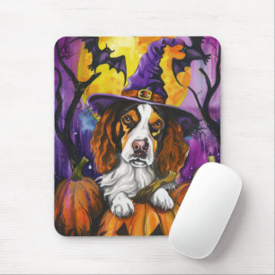 ブリタニー不気味スパニエル犬ハロウィンウィッチパンプキン マウスパッド