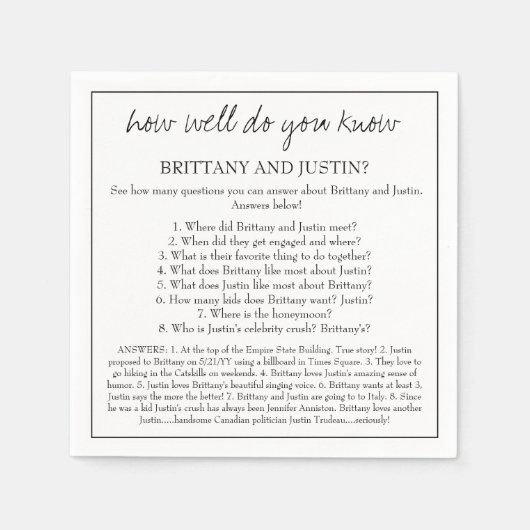 ブリタニー何を知っているおもしろい結婚式のレセプション スタンダードカクテルナプキン (正面)