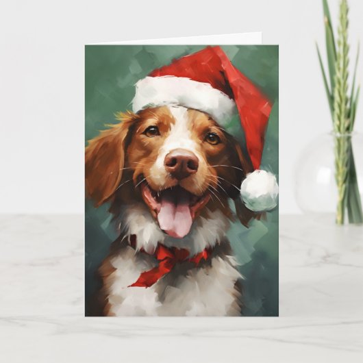 ブリタニー犬のクリスマス絵画ブラシのアートワーク カード (正面)