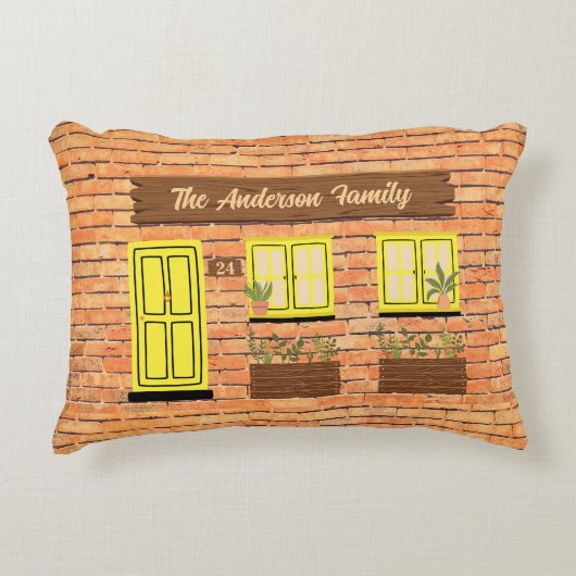 ブリックハウスウィズイエロードアカスタム文字 アクセントクッション (正面)