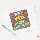 ブリック壁インスパイアグラフィティ4th誕生日+名前 スクエアシール (封筒)