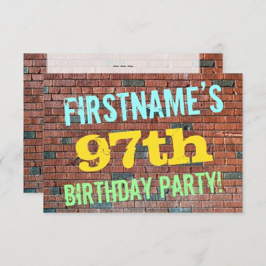 ブリック壁インスパイアグラフィティ97誕生日+名前 招待状 (正面/裏面)