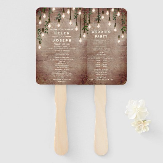 ブリック素朴ヴィンテージ電球結婚式 プログラム ハンドファン (正面&裏面)