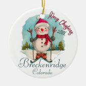 ブリッケンリッジコロラドウォーターカラー雪だるまスノーボード セラミックオーナメント (正面)