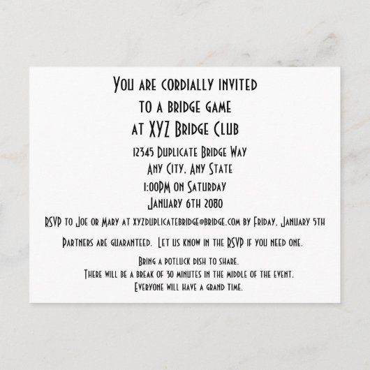 ブリッジカードのスーツ遊のパーティーを生きる インビテーションポストカード (裏面)