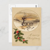 ブリッジ スノー ウィンター シーン ホリー ポストカード (正面/裏面)