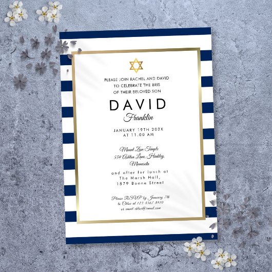 ブリットミラネイビーブルーホワイトストライプ金ゴールド 招待状