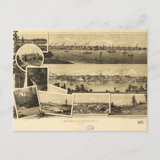 ブリティッシュコロンビア州ビクトリアの空中表示(1884) ポストカード (正面)