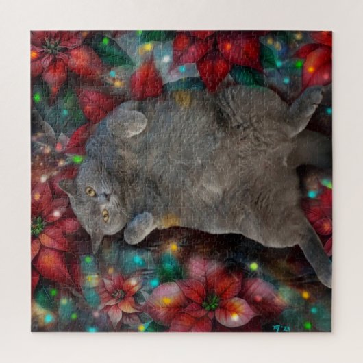 ブリティッシュショートヘア子猫インポインセティアスライト ジグソーパズル (縦)