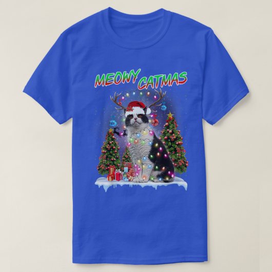 ブリティッシュショートヘア猫クリスマスツリーライトサンタハットR Tシャツ (デザイン正面)