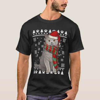 ブリティッシュショートヘア猫サンタハットクリスマス醜いクリスマ Tシャツ