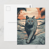 ブリティッシュ・ショートヘアの猫と熱帯ビーチ ポストカード (正面/裏面)