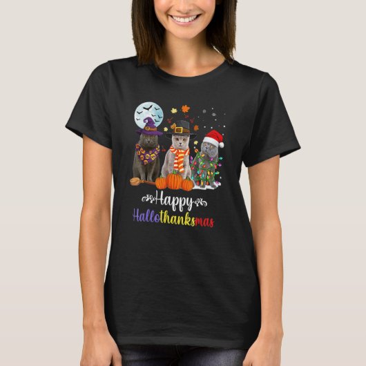 ブリティッシュ・ショートヘア猫ハロウィンメリークリスマス Tシャツ (正面)