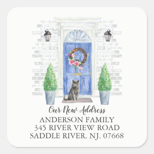 ブリティッシュ・ショートヘア猫ブルードア新しい住所ラベル スクエアシール (正面)