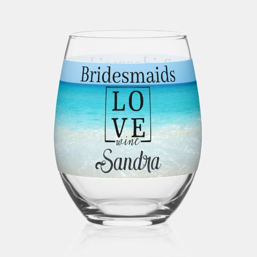 ブリデシュパーソナライズされたメイドギフトトロピカルビーチラブ ステムなしワイングラス (正面)