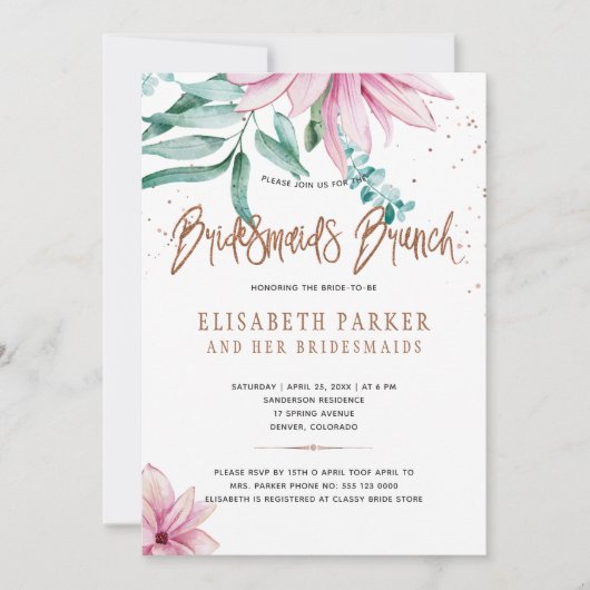 ブリデスメイドのブランチのピンクのフローラグラムブライダルシャワー 招待状 (正面)