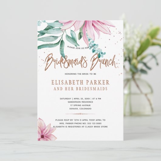 ブリデスメイドのブランチのピンクのフローラグラムブライダルシャワー 招待状 (スタンド正面)