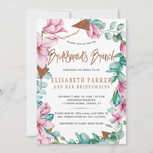 ブリデスメイドのブランチ水の色ピンクブライダルシャワー 招待状 (正面)