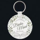 ブリデスメイドエレガントユーカリリース結婚ズ キーホルダー<br><div class="desc">これらのキーホルダーは与え、あなたの結婚式のパーティーで花嫁に好意として設計されている。ユーカリのリースとミント絵を描、コケス、セージの緑の色合いの葉のと素朴な手の水の色のデザインを特徴とする。その文字は書台本エレガント文字で書かれており、彼女の名前とデートの余地が結婚ある。特別な日感謝していに参加するための完璧な方法！</div>