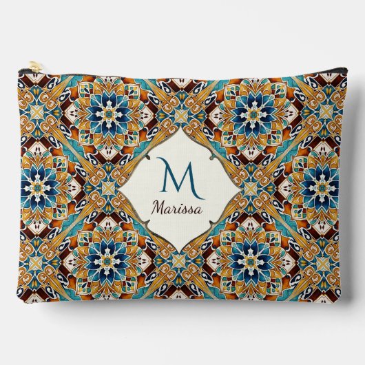 ブリデスメイドギフトティール（緑がかった色）茶色タラベラモノグラムの アクセサリーポーチ (正面)