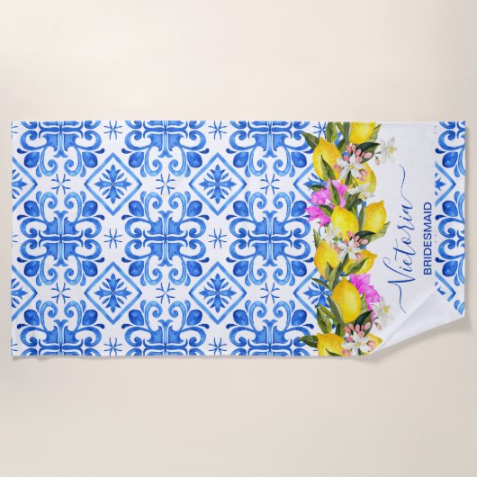 ブリデスメイドギフトブライダルパーティギフトレモン青 ビーチタオル (正面)