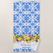 ブリデスメイドギフトブライダルパーティギフトレモン青 ビーチタオル (正面)