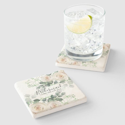 ブリデスメイドギフトホワイトローズテーマ パーソナライズされた ストーンコースター (横)